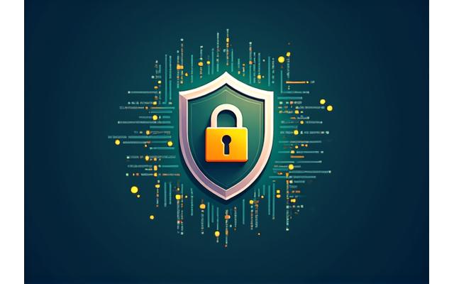 Ilustración de seguridad de datos con un escudo y datos digitales protegidos y con candado