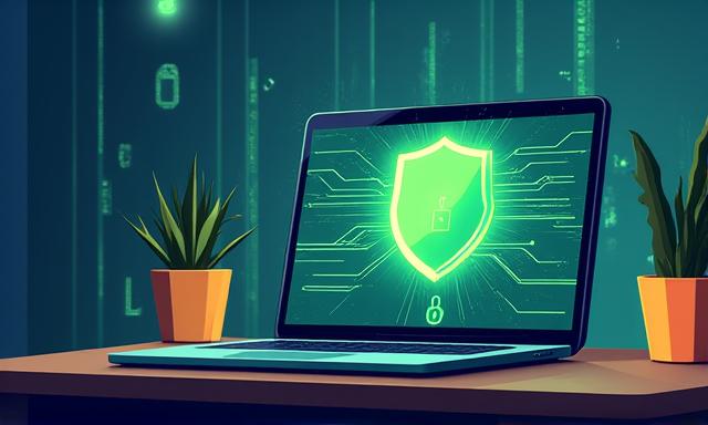 Ilustración de ciberseguridad protegiendo un portátil en un entorno de teletrabajo